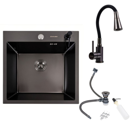 Кухонная мойка Valeso Handmade (50x50 см) PVD черная + Valeso NES-F12