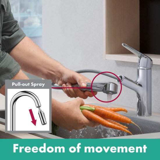 Кухонный смеситель с выдвижным изливом Hansgrohe FOCUS M42 150 1jet EcoSmart 71865000