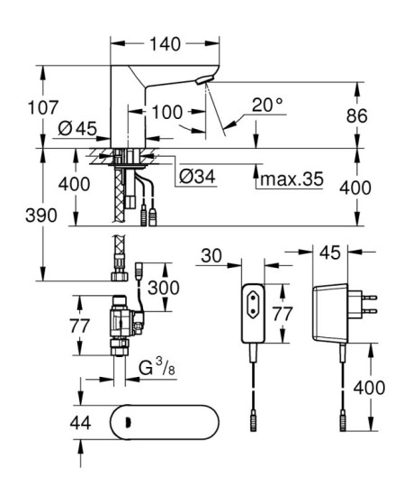 Змішувач для раковини Grohe Euroeco Cosmopolitan E з адаптером 100-230 V (36269000)