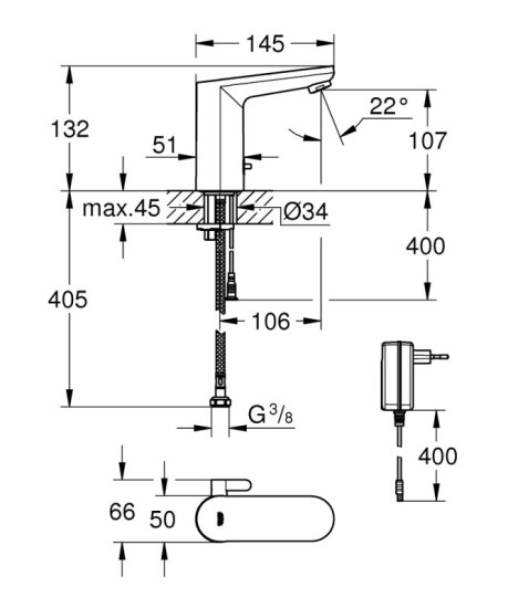 Смеситель для раковины Grohe Eurosmart Cosmopolitan E с адаптером 100-230V, хром (36325002)