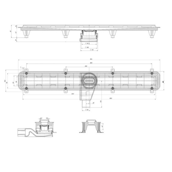 Лінійний трап Waterway Stream 850 мм чорний з решіткою Wave (нерж/шліф) (WSB900003N1)