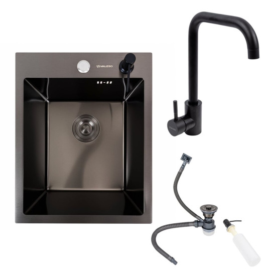 Кухонна мийка Valeso Handmade 40*50 PVD чорна (3.0/0.8) + Valeso BG77 (чорний)