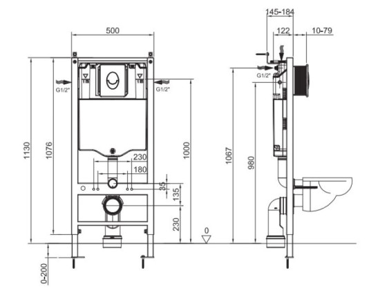 Інсталяція для підвісного унітазу Koer KT-0407 500x126x1150mm, без панелі змиву (KR5341)