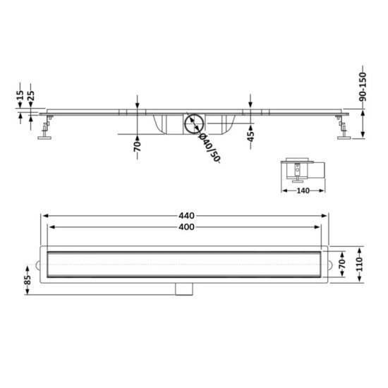 Лінійний трап Qtap Taurus Tile400 лінійний із сухим затвором під плитку