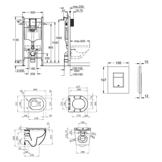 Інсталляция с унитазом Grohe Solido 2 в 1 38971000 + Grohe Even Black 38966KV0 + Kroner Harz WHI493736 RIMLESS