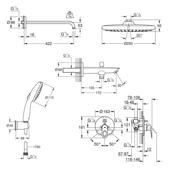 Душевая система скрытого монтажа Grohe Vitalio Start 250 Bauloop UA290810R3
