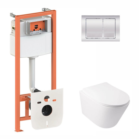 Инсталляция с унитазом Qtap Swan Rimless 520х360х320 + Nest 4 в 1 (квадратная клавиша Chrome)