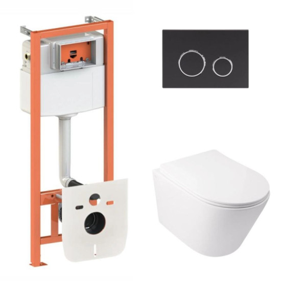 Инсталляция с унитазом Qtap  Swan Ultra Quiet 485x360x320 + Nest 4 в 1 (круглая клавиша Matt Black)