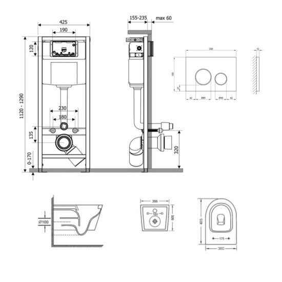 Инсталляция с унитазом Qtap  Swan Ultra Quiet 485x360x320 + Nest 4 в 1 (круглая клавиша Matt Black)