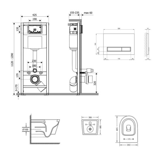 Инсталляция с унитазом Qtap  Swan Ultra Quiet 485x360x320 + Nest 4 в 1 (линейная клавиша Matt Black)