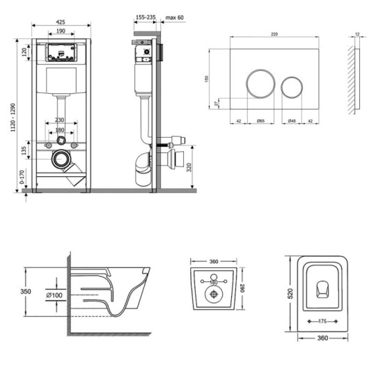 Инсталляция с унитазом Qtap Crow Rimless 520х360х290 + Nest 4 в 1 (круглая клавиша Chrome)