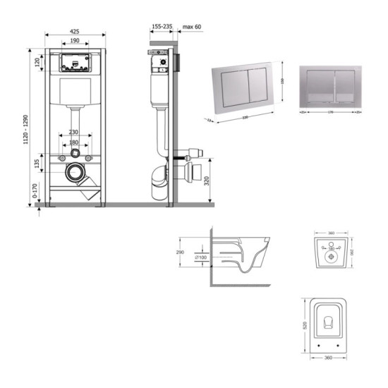 Инсталляция с унитазом Qtap Crow Ultra Quiet 520×360×290 + Nest 4 в 1 (квадратная клавиша Satin)