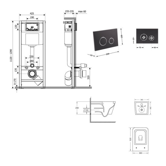 Инсталляция с унитазом Qtap Crow Ultra Quiet 520×360×290 + Nest 4 в 1 (круглая клавиша Matt Black)