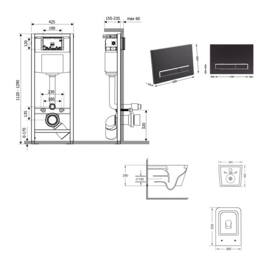 Инсталляция с унитазом Qtap Crow Ultra Quiet 520×360×290 + Nest 4 в 1 (линейная клавиша Matt Black)