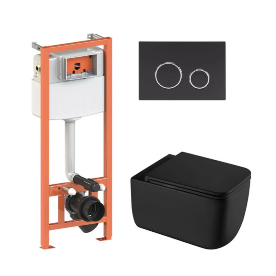 Инсталляция с унитазом Qtap Gemini Ultra Quiet + Nest 4 в 1 (круглая клавиша Matt Black)