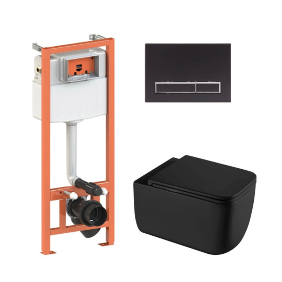 Инсталляция с унитазом Qtap Gemini Ultra Quiet + Nest 4 в 1 (линейная клавиша Matt Black)