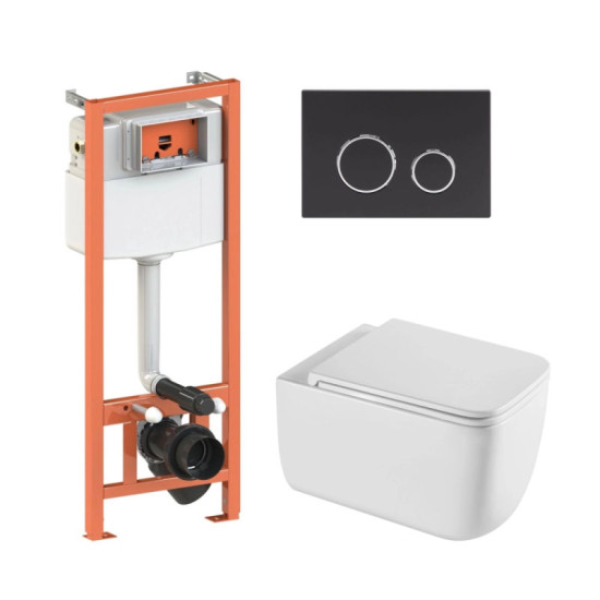 Инсталляция с унитазом Qtap Gemini Ultra Quiet 530х365х373 + Nest 4 в 1 (круглая клавиша Matt Black)
