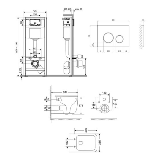 Инсталляция с унитазом Qtap Gemini Ultra Quiet 530х365х373 + Nest 4 в 1 (круглая клавиша Matt Black)