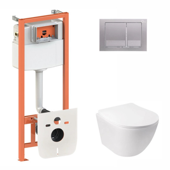 Инсталляция с унитазом Qtap Jay Rimless 520х360х320 + Nest 4 в 1 (квадратная клавиша Satin)