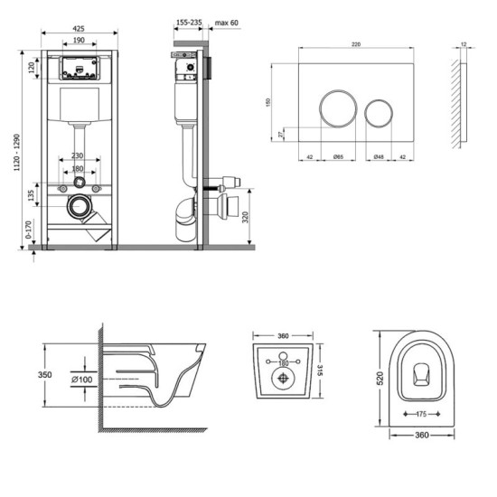 Инсталляция с унитазом Qtap Jay Rimless 520х360х320 + Nest 4 в 1 (круглая клавиша Chrome)