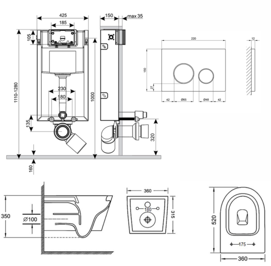 Инсталляция с унитазом Qtap Jay Rimless 520х360х320 + Nest 4 в 1 (круглая клавиша Satin)
