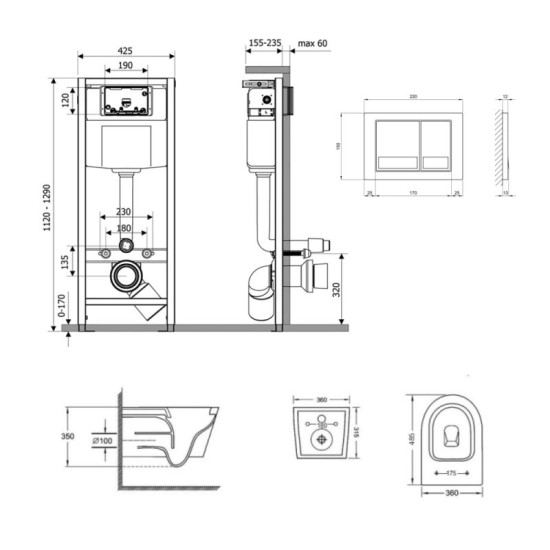 Инсталляция с унитазом Qtap Jay Ultra Quiet 485x360x320 + Nest 4 в 1 (квадратная клавиша Chrome)
