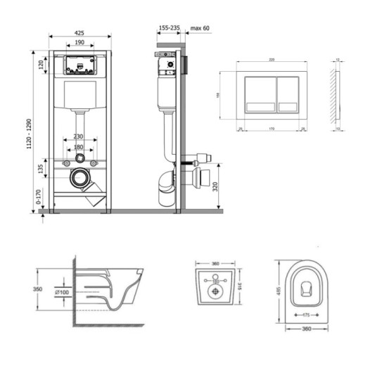 Инсталляция с унитазом Qtap Jay Ultra Quiet 485x360x320 + Nest 4 в 1 (квадратная клавиша Satin)