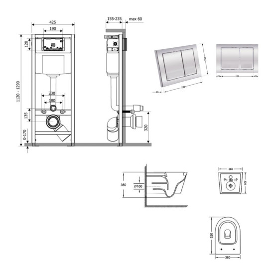 Инсталляция с унитазом Qtap Jay Ultra Quiet 520x360x320 + Nest 4 в 1 (квадратная клавиша Chrome)