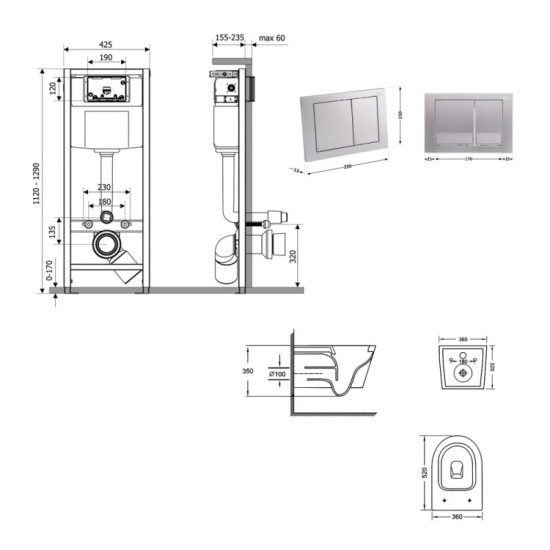 Инсталляция с унитазом Qtap Jay Ultra Quiet 520x360x320 + Nest 4 в 1 (квадратная клавиша Satin)