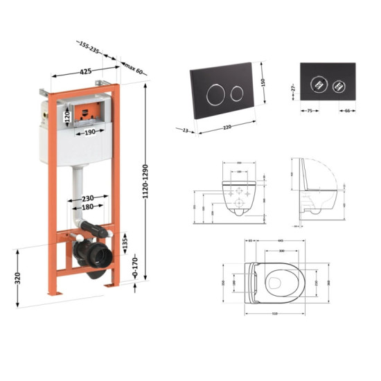 Инсталляция с унитазом Qtap Scorpio Ultra Quiet + Nest 4 в 1 (круглая клавиша Matt Black)