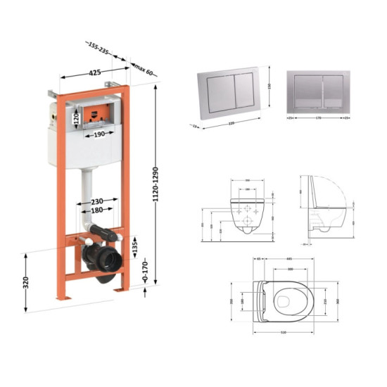 Инсталляция с унитазом Qtap Scorpio Ultra Quiet 520x365x365 + Nest 4 в 1 (квадратная клавиша Satin)