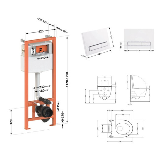Інсталяція з унітазом Qtap Scorpio Ultra Quiet 520x365x365 + Nest 4 в 1 (лінійна клавіша White)