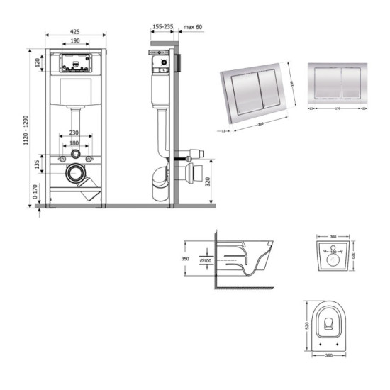 Інсталяція з унітазом Qtap Swan Ultra Quiet 520×360×320 + Nest 4 в 1 (квадратна клавіша Chrome)