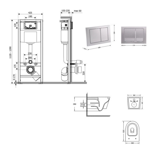 Инсталляция с унитазом Qtap Swan Ultra Quiet 520×360×320 + Nest 4 в 1 (квадратная клавиша Satin)