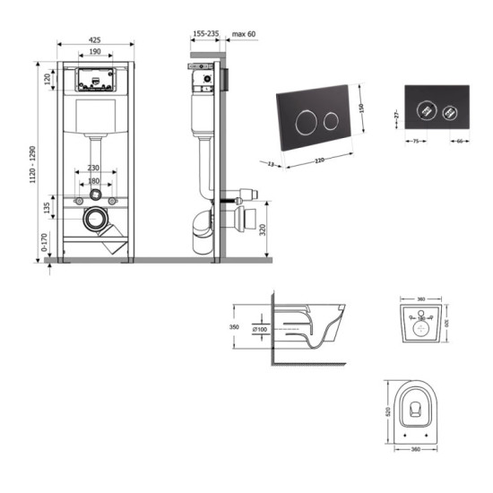 Инсталляция с унитазом Qtap Swan Ultra Quiet 520×360×320 + Nest 4 в 1 (круглая клавиша Matt Black)