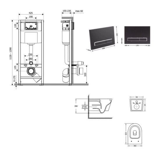 Инсталляция с унитазом Qtap Swan Ultra Quiet 520×360×320 + Nest 4 в 1 (линейная клавиша Matt Black)