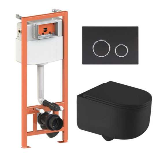 Инсталляция с унитазом Qtap Taurus Ultra Quiet 490x360x380 + Nest 4 в 1 (круглая клавиша Matt Black)