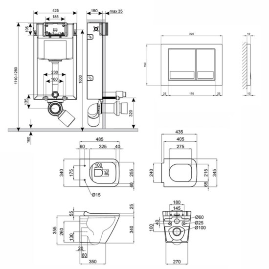 Инсталляция с унитазом Qtap Tern Rimless 490x340x350 + Nest 4 в 1 (квадратная клавиша Satin)