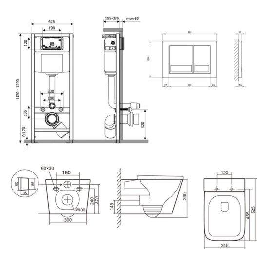 Инсталляция с унитазом Qtap Tern Ultra Quiet 525x345x360 + Nest 4 в 1 (квадратная клавиша Chrome)