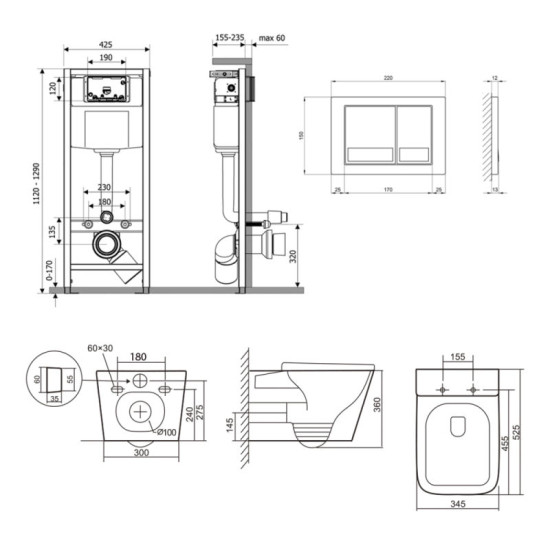 Інсталяція з унітазом Qtap Tern Ultra Quiet 525x345x360 + Nest 4 в 1 (квадратна клавіша Satin)