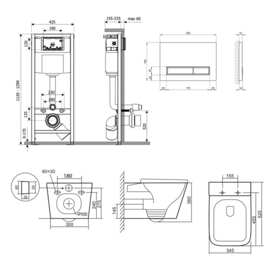 Инсталляция с унитазом Qtap Tern Ultra Quiet 525x345x360 + Nest 4 в 1 (линейная клавиша White)