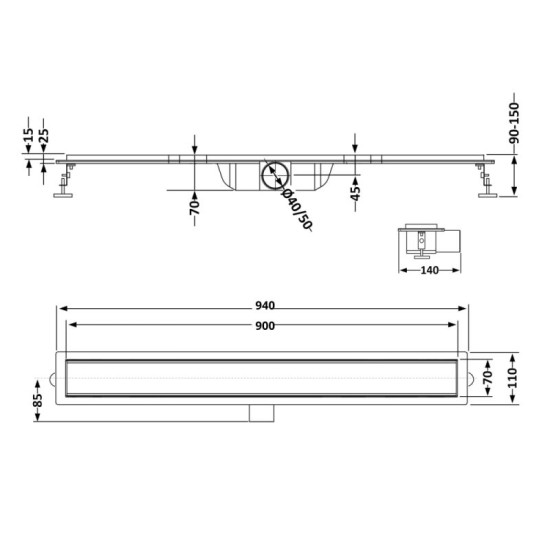 Линейный трап Qtap Scorpio Tile900 под плитку (поворотный сифон/сухой затвор)