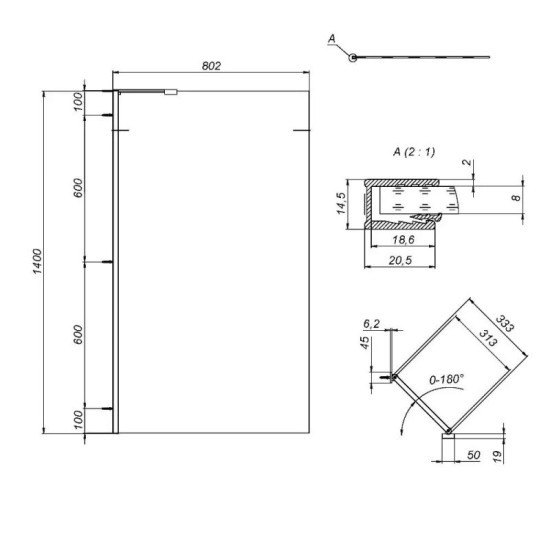 Штора на ванну Am.Pm Gem W90UBS-080-140BM (80x140 см, скло матове, профіль чорний матовий)