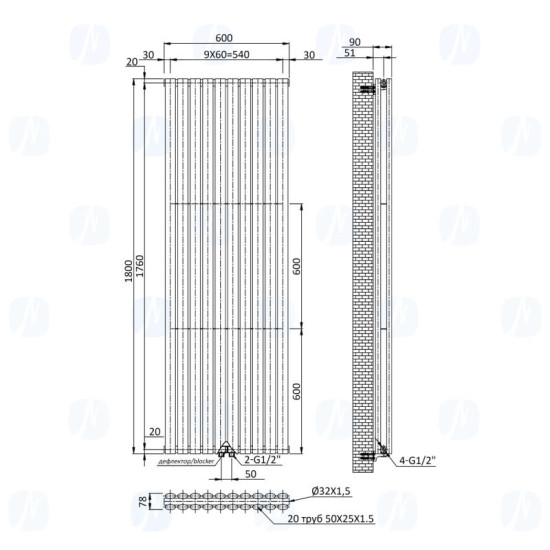 Вертикальний радіатор Navin Ellipse double 600x1800-10 (50мм), anticor, білий 02-145133-6018
