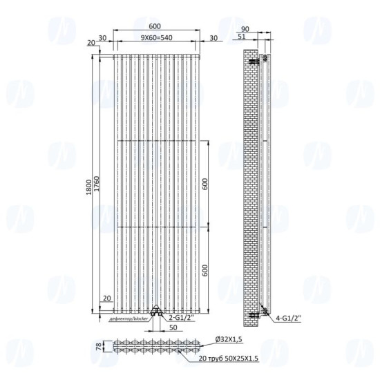 Вертикальний радіатор Navin Ellipse double 600x1800-10 (50мм), anticor, чорний муар 02-245133-6018