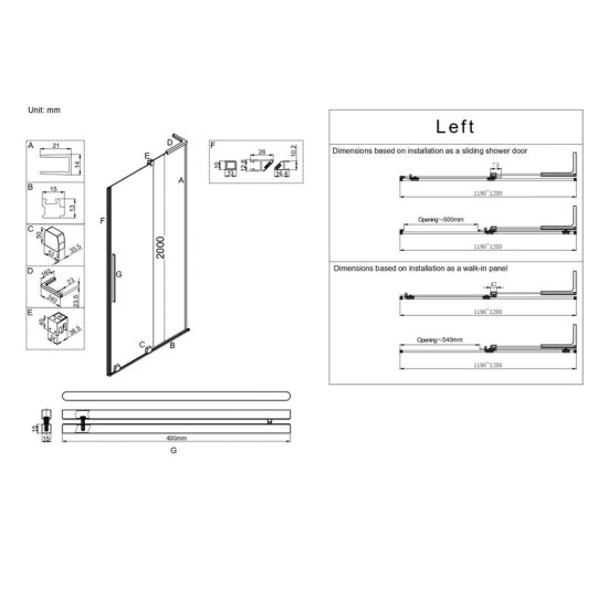 Душові двері Koer SR SD07-120x200-L-TR-07 прозоре скло Easy Clean 8мм Графіт (KR5688)