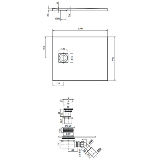 Душевой поддон Cersanit TAKO SLIM 120х90х4,5 черный матовый + сифон S208-002