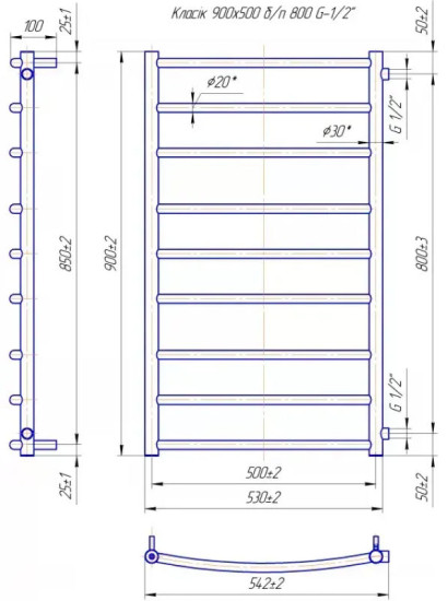 Рушникосушарка Mario Класік 900х550/800 Б/П 1/2" (1.1.2210.02.P)