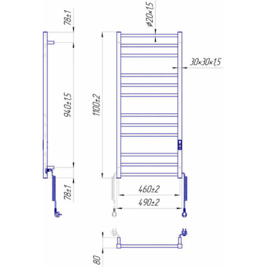 Полотенцесушитель Mario Премиум Классик-I 1100х500/80 електр. TR К черный мат (2.2.1610.03.BM)