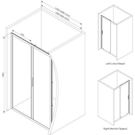 Душові двері Am.Pm Gem Solo Slide W90UG-110-1S-195BT 110х195 прозора, профіль чорний матовий
